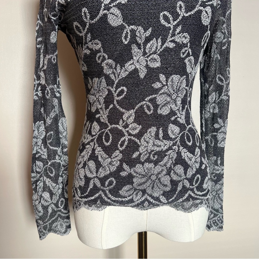 Vintage Y2K Floral Mesh Mock Neck Top Small Sheer Long Sleeve - Picture 3 of 10